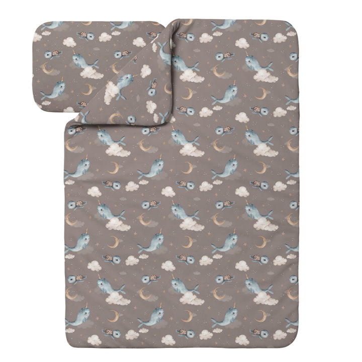 Waldin Baby Kinder Bettwäscheset 100% Bambus, ohne Bezug, Hypoallergen, Decke und Kissen, Wale/Braun