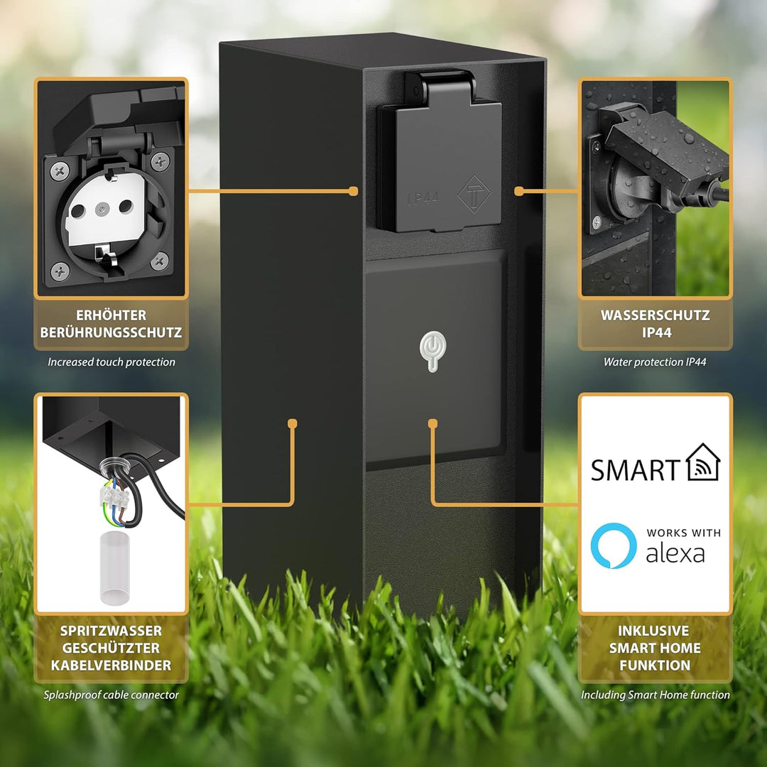 ledscom.de Garten Steckdosensäule POMI, Outdoor, IP44, Smart Home, WLAN, Alexa, 3-fach, schwarz, eck