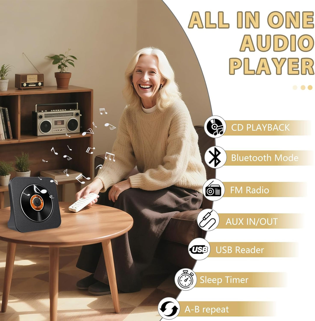 Bluetooth CD Player mit Radio, Tragbar CD Player für Zuhause, Desktop CD Player mit integriertem Dua