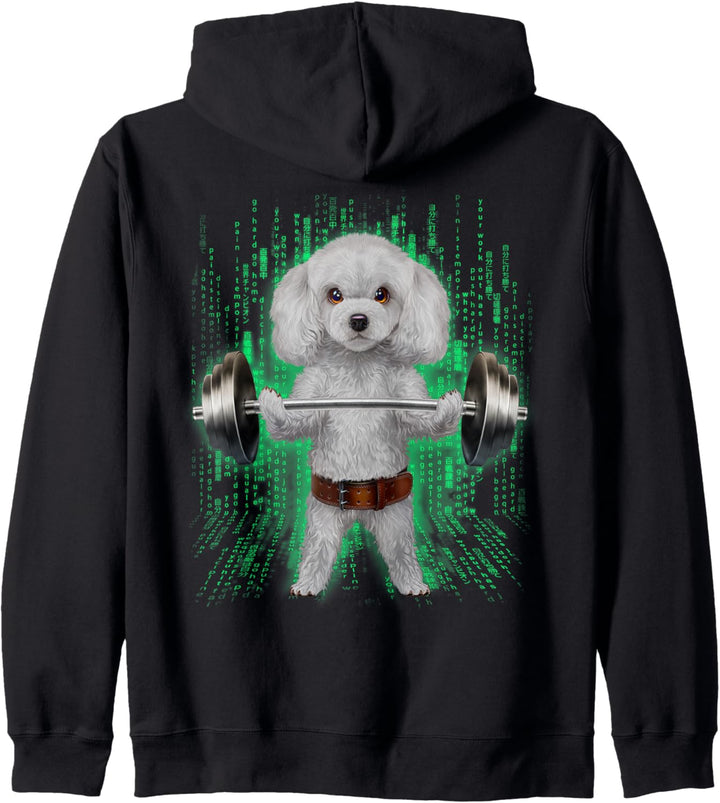 Pudelhund, der Gewichte im Cyber-Fitnessstudio hebt Kapuzenjacke