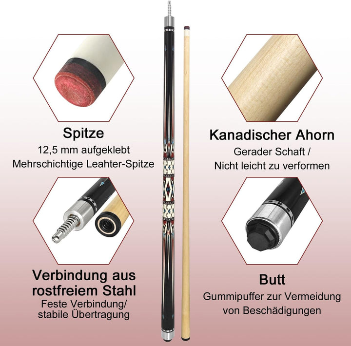 Pool Cue Stick Billard Queue,58“ Pool-Billardqueue BillardStock 12,5 mm Lederspitze Cue Sticks for P
