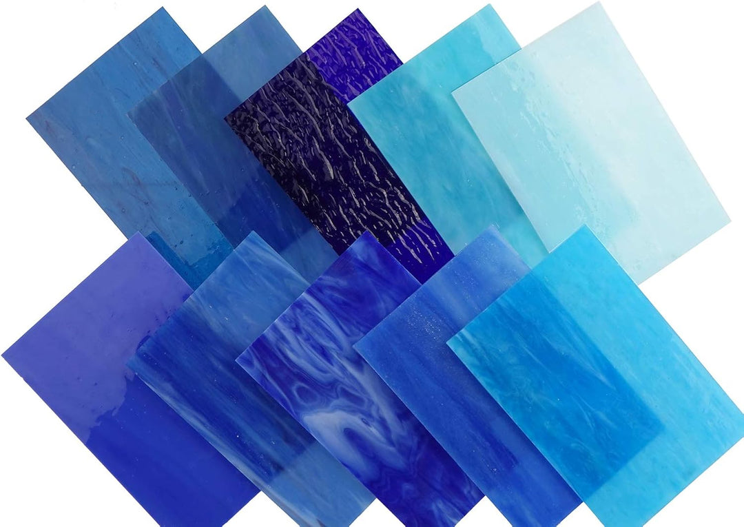 Lanyani, 10 Bögen aus Buntglas, 10 x 15 cm, Opal, Tiffany-Glas, verschiedene Texturen Blau Mix - 10