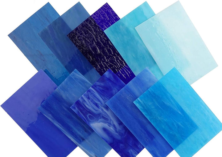 Lanyani, 10 Bögen aus Buntglas, 10 x 15 cm, Opal, Tiffany-Glas, verschiedene Texturen Blau Mix - 10