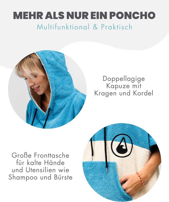 WAVE HAWAII Poncho Lagos Surfponcho 100% Baumwolle für Körpergrössen von 155-185 cm Umkleidehilfe fü