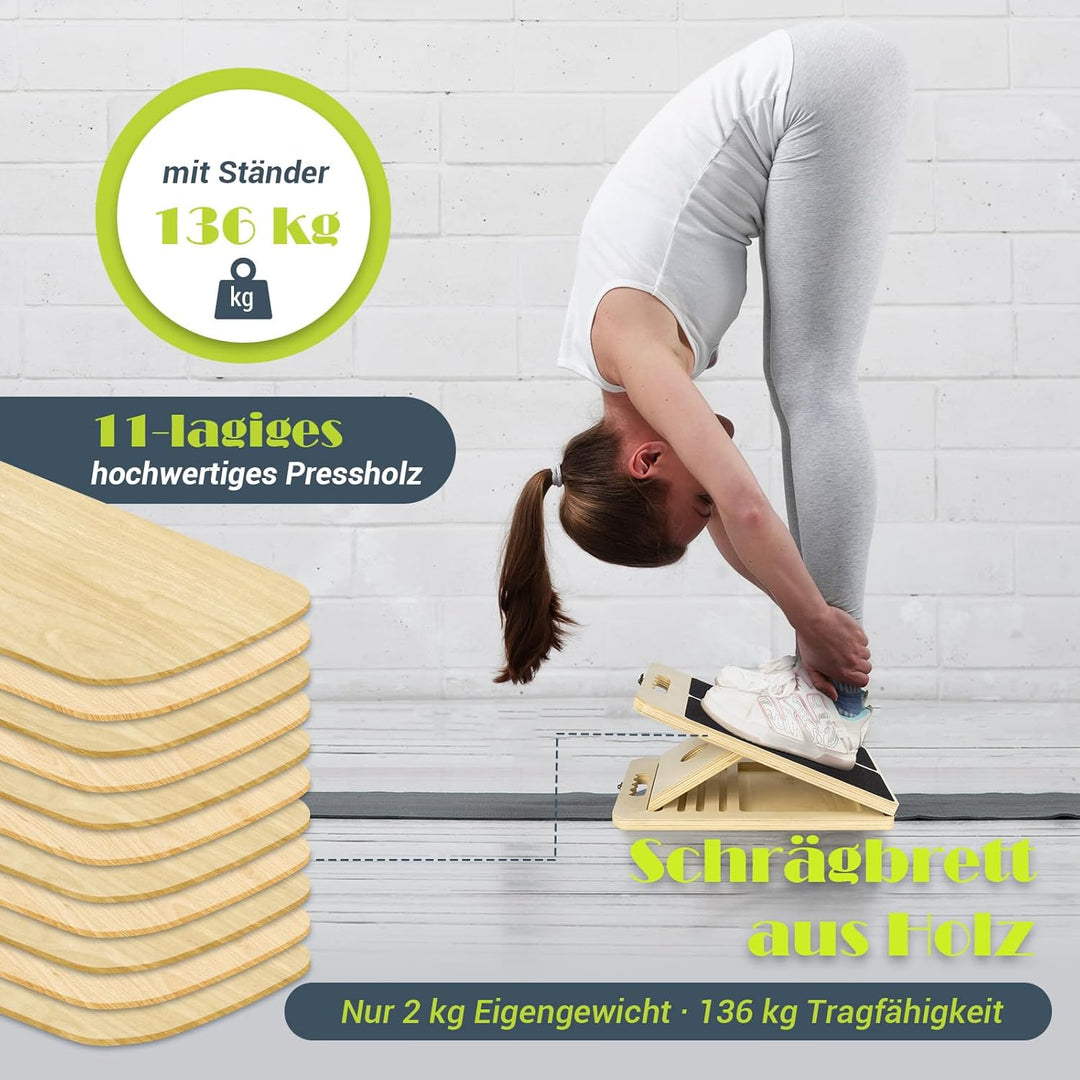 Wadendehner Schrägbrett aus Holz, Slant Board mit 5 Winkeln und Trainingsposter, Verstellbar Wadenst
