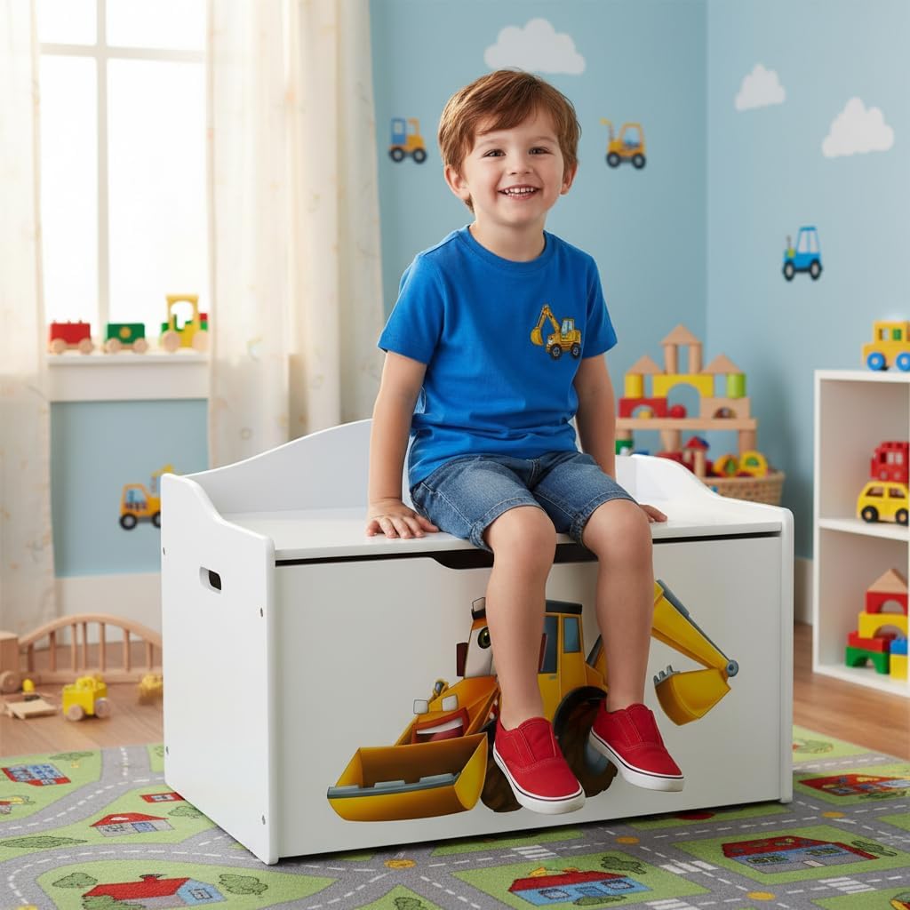 Leomark Kinderbank Hölzerne Bagger XL Kindertruhenbank Behälter für Spielzeug Truhe für Kinderzimmer
