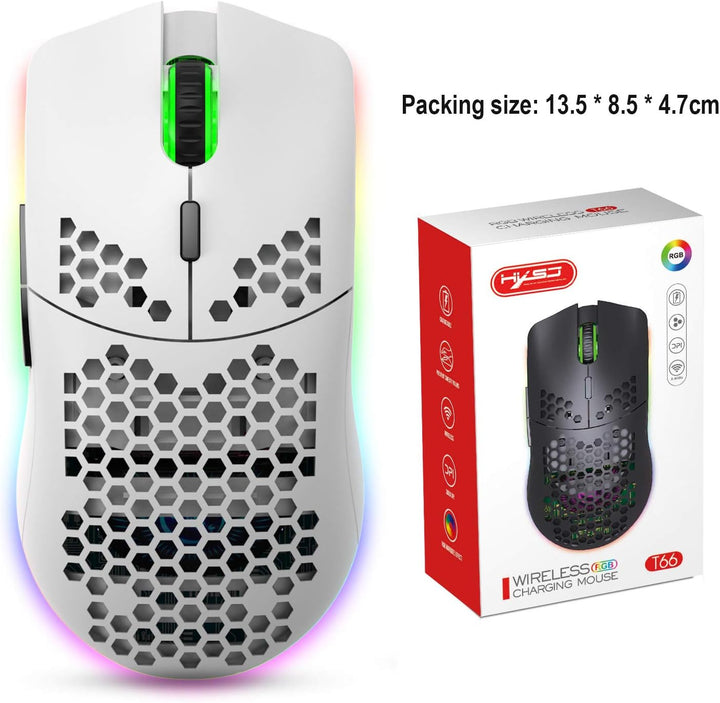 Drahtlose Gaming Maus, 2,4G Superleichte Wabenschale Ergonomische RGB-Mäuse mit 750mAh Akku, Energie