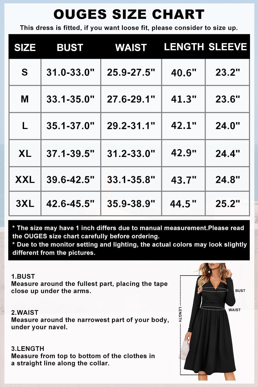 OUGES Kleid Damen Kurzarm/Langarm Winterkleid V-Ausschnitt Casual Midi Freizeitkleid mit Taschen S S