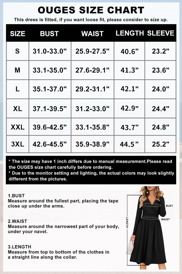 OUGES Kleid Damen Kurzarm/Langarm Winterkleid V-Ausschnitt Casual Midi Freizeitkleid mit Taschen S S