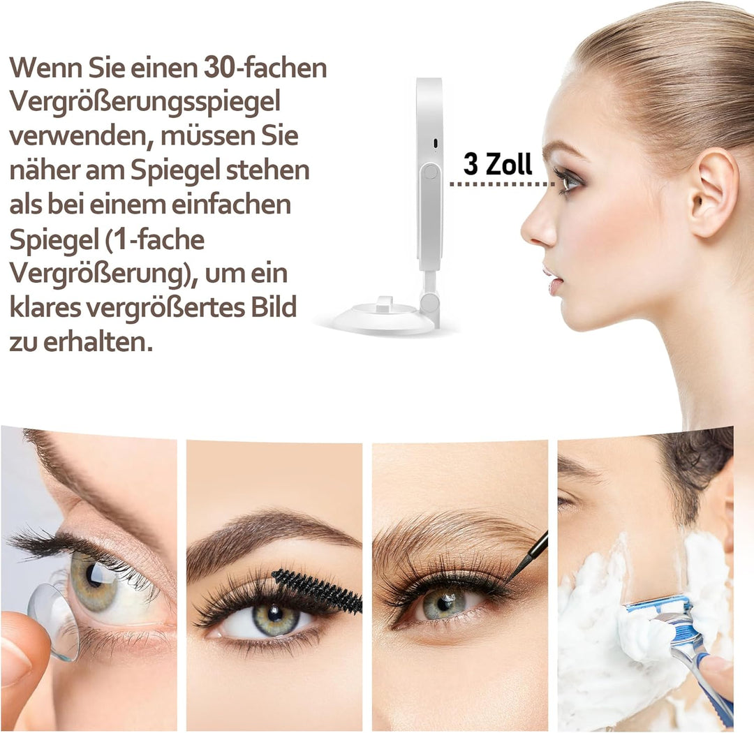 Vergrösserungsspiegel mit Saugnapf 30 Fache, Doppelseitiger Kosmetikspiegel mit Beleuchtung, EIN Bad