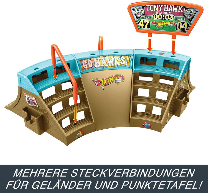 Hot Wheels Skate Stadion Skatepark - 360-Grad-Design, Tony Hawk Fingerboard, abnehmbare Skateschuhe,