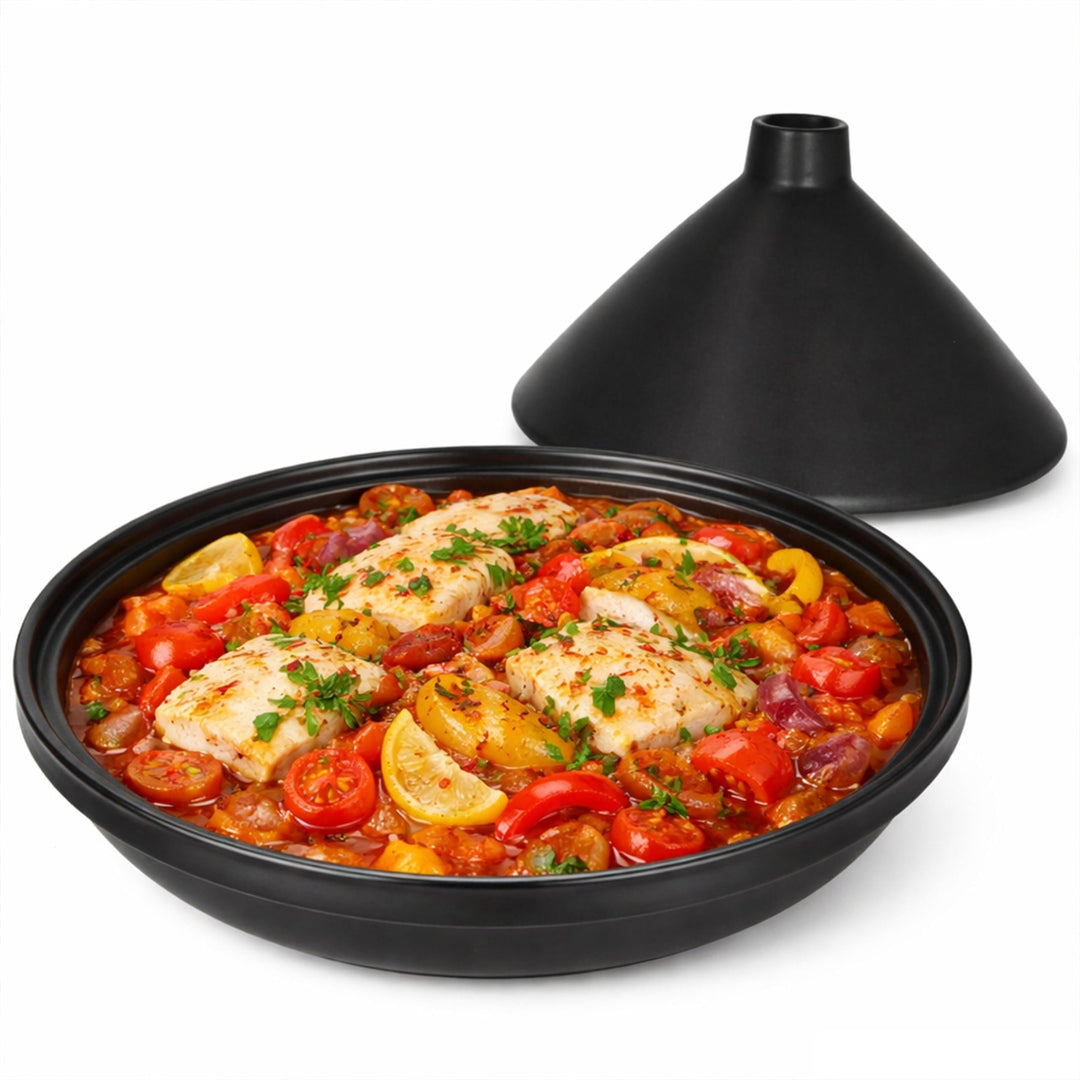MamboCat Tajine aus Steingut matt schwarz I orientalische Schmorform mit Deckel I moderne Servier- &