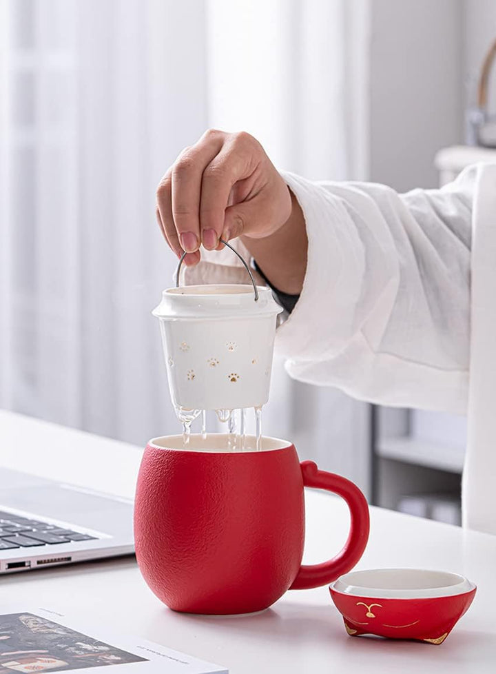 Katzenbecher mit Teesieb und Deckel, Niedliche Teetassen Kawaii-Tasse aus Keramik zum Ziehen, Handge
