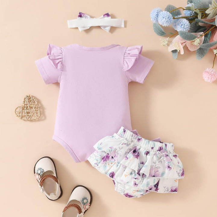 Neugeborene Baby Mädchen Sommer Outfit Rüschen Kurzarm Top+ Bowknot Bloomers Tutu Rock Shorts+ Stirn