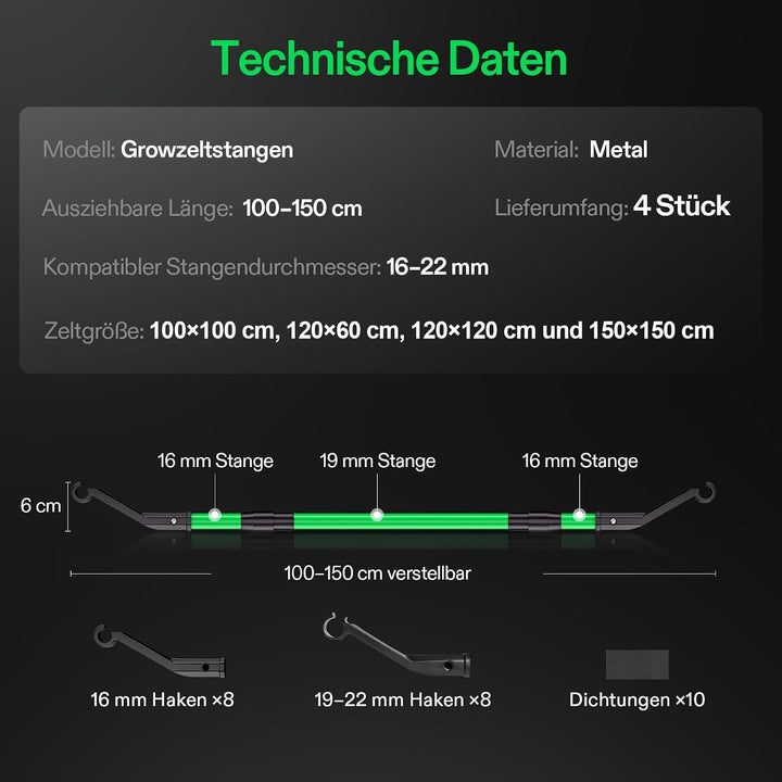 VIVOSUN High-CFM Stützstangen-Set für Growzelt, Heavy-Duty Querstreben, 100–150 cm verstellbar, hohe