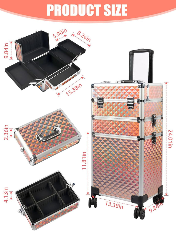 EBANKU 3-in-1 professioneller Make-up-Zugkoffer, Aluminium-Kosmetikkoffer, rollender Make-up-Koffer,