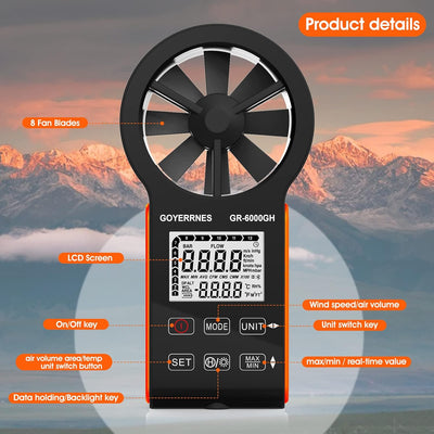 Handheld Windmesser Digitaler Anemometer,GR-6000GH Air Flow geschwindigkeits Windgeschwindigkeits CF