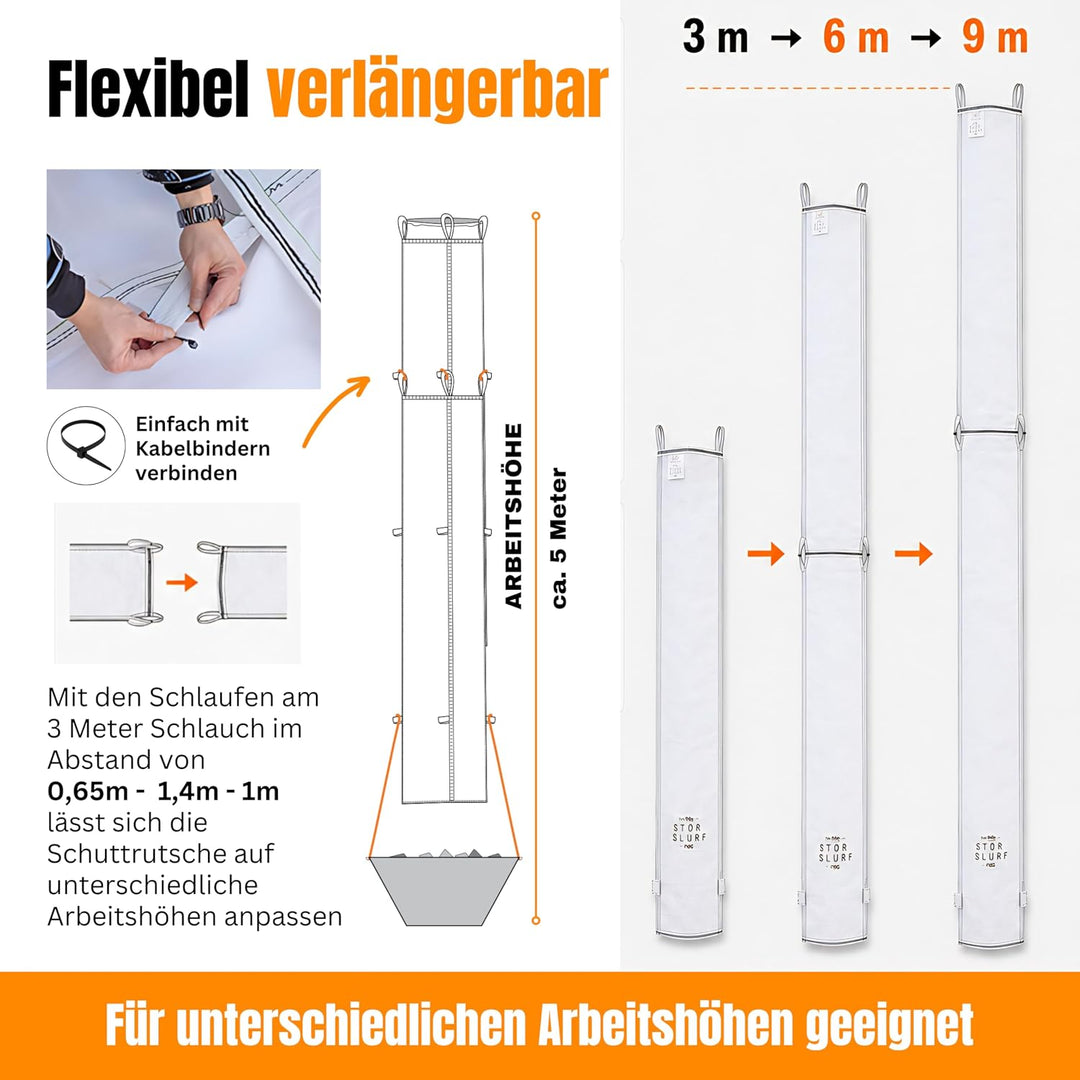 STORTSLURF Schuttrutsche 3m | Bauschuttrutsche inkl. Einfülltrichter und 4X Spanngurt optimales Set