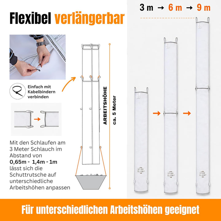 STORTSLURF Schuttrutsche 3m | Bauschuttrutsche inkl. Einfülltrichter und 4X Spanngurt optimales Set