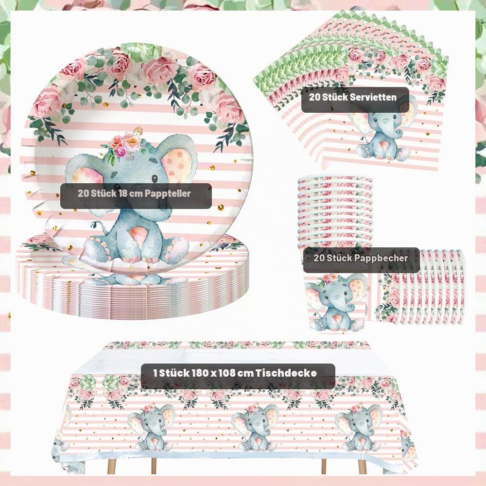 Doyomtoy Elefant Babyparty Deko Junge Partygeschirr, Serve 20 Gäste Geburtstag Partygeschirr,Tischde