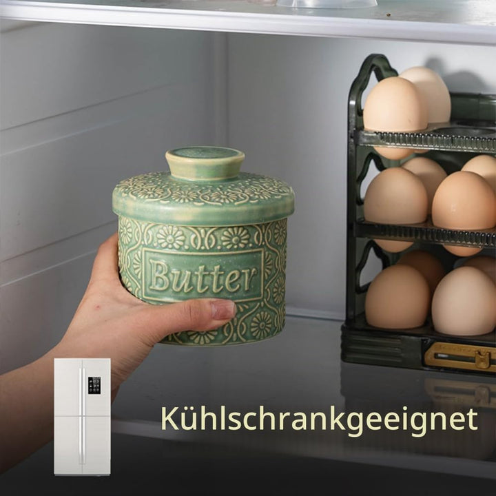 französische Keramikbutterglocke mit Deckel, Wassergekühlte Butterdose mit Wasserlinie, für frische