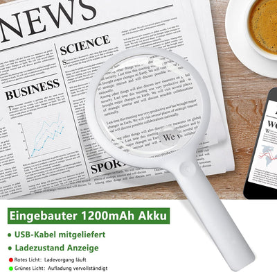 Lupe mit Licht,Leselupe mit Licht für Senioren Gross,3 Lichtmodi USB Wiederaufladbar,Beleuchtete Lup