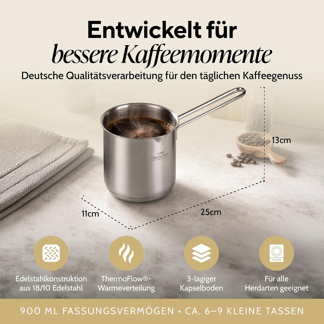 ROSMARINO Edelstahl-Induktions-Mokka-Kanne 1225 ml - model - 2025 - Moderne Türkische Cezve-Kaffeeka