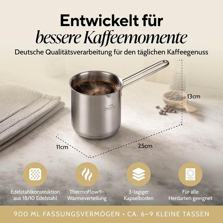 ROSMARINO Edelstahl-Induktions-Mokka-Kanne 1225 ml - model - 2025 - Moderne Türkische Cezve-Kaffeeka