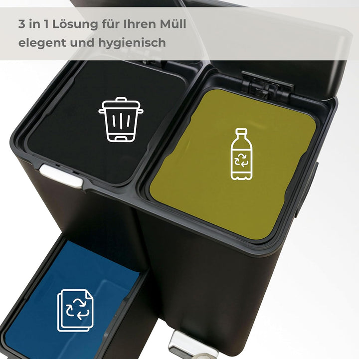 osoltus Mülleimer Abfallsammler Softclose Edelstahl hoch (60 L (30 + 17 + 13 L) schwarz) 60 L (30 +