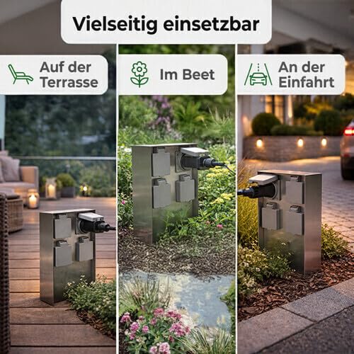 LED Universum Gartensteckdose aus Edelstahl, IP44 für aussen, 23cm (Silber 4-fach), Silber 4-fach