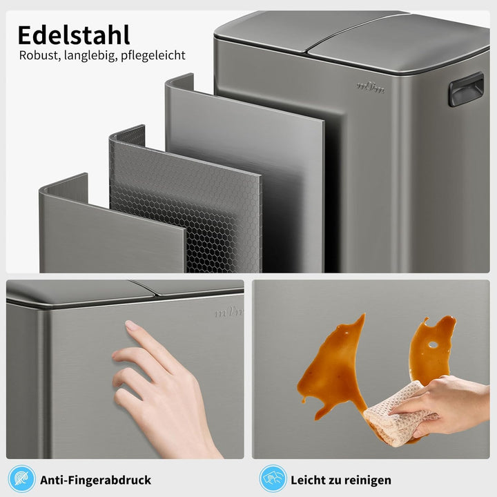 mVm Mülleimer Küche,60 Liter Treteimer,2x30L Doppelter Abfalleimer 2er-Mülleimer Mülltrennung mit In