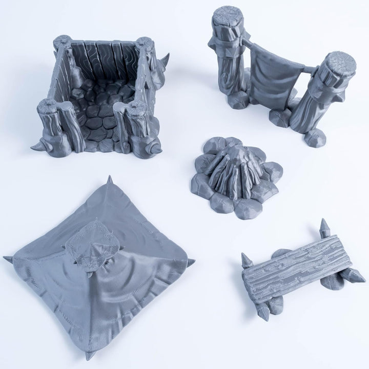 Orc Camp Set: Rustikale Kabine, Kampfbanner, gemütliches Lagerfeuer und Holzbank – 28/32 mm Massstab