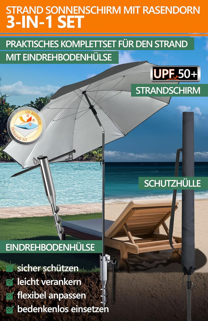 4smile Sonnenschirm Strand 3-IN-1-SET, Ø180 cm Strandschirm windfest stabil + Schutzhülle + Eindrehb
