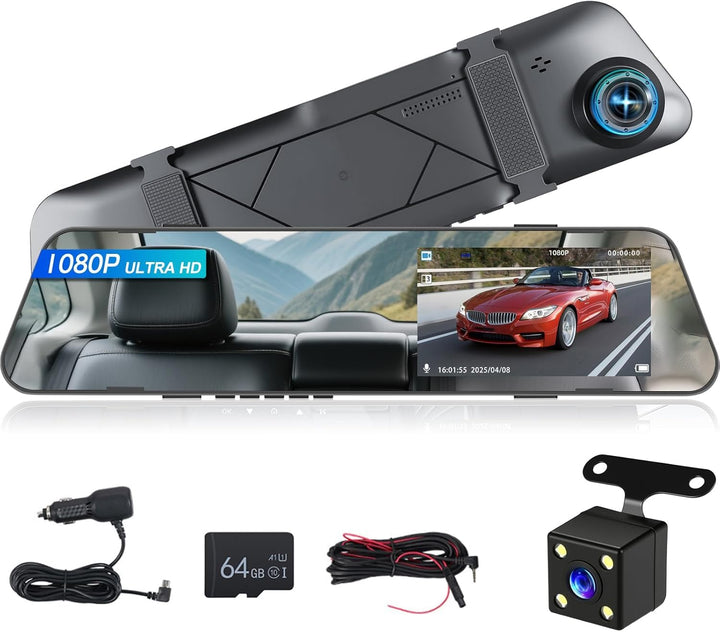 NHOPEEW 1080P Spiegel-Dashcam mit 4,5-Zoll-Bildschirm – Front- und Rückfahrkameras unterstützen Loop