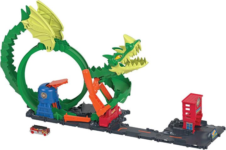 Hot Wheels City Drachenangriff Spielset, besiege den Drachen mit Stunts, lässt sich mit anderen Sets