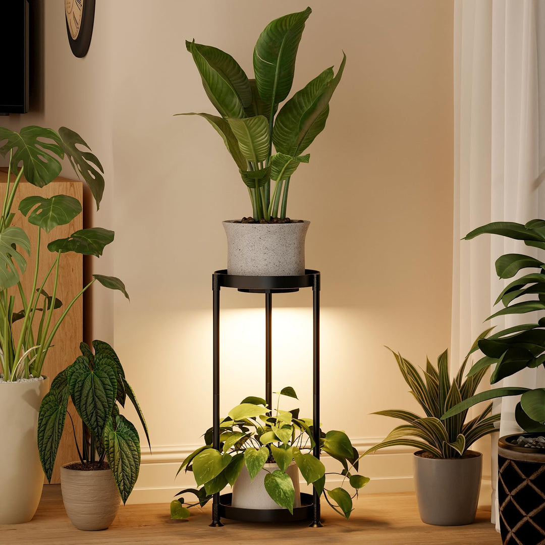 Bamworld Pflanzenständer Metall Schwarz mit LED-Wachstumslicht, 2 Ebenen Blumenhocker Modern, Indoor
