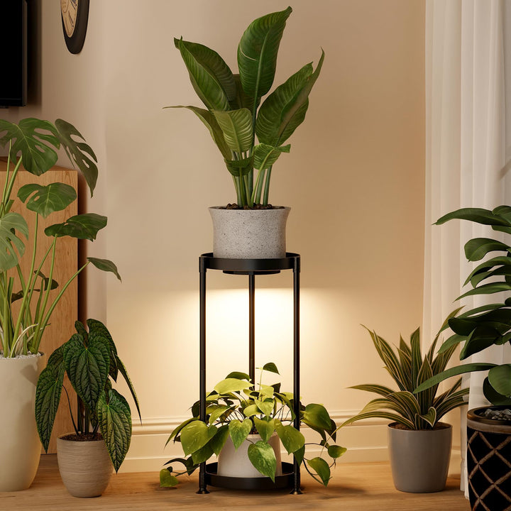 Bamworld Pflanzenständer Metall Schwarz mit LED-Wachstumslicht, 2 Ebenen Blumenhocker Modern, Indoor