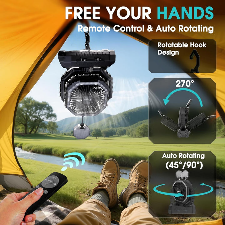 Camping Ventilator 20000mAh, Wiederaufladbarer Tischventilator USB Ventilator mit LED Licht & Haken,