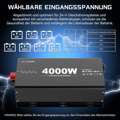 OLTEANP 4000W Wechselrichter Reiner Sinus 24V auf 230V KFZ Spannungswandler mit LCD-Bildschirm-Fernb