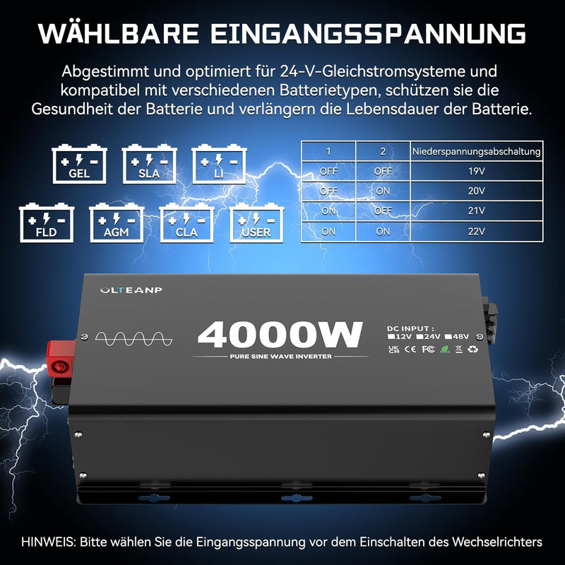 OLTEANP 4000W Wechselrichter Reiner Sinus 24V auf 230V KFZ Spannungswandler mit LCD-Bildschirm-Fernb