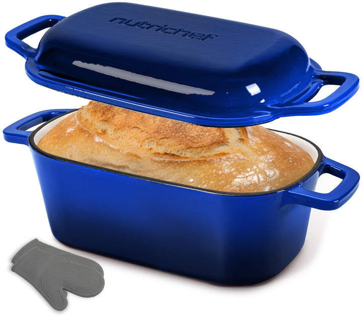 NutriChef Gusseisen Topf - Brotbacktopf - mit Deckel - 25,4 cm ovaler Brottopf mit Silikonhandschuhe