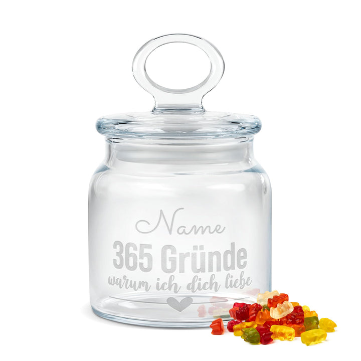 Print Royal PR Personalisierte Keksdose aus Glas mit Gravur - 550 ml - 365 Gründe warum ich dich Lie