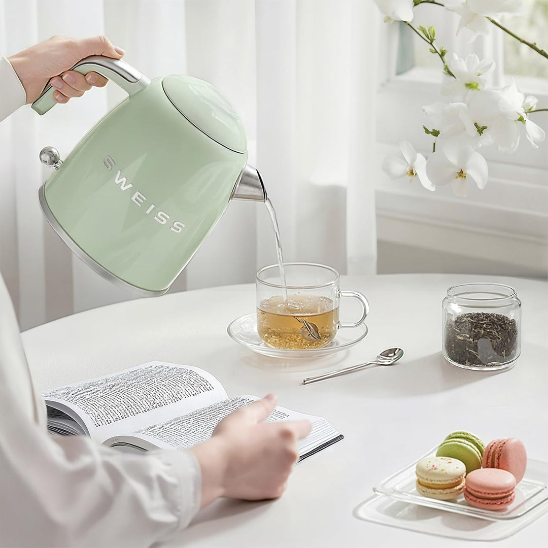 SWEISS Elektrischer Wasserkocher im Vintage-Stil, 1 l, kompakter Edelstahl, 1000 W, schnelles Kochen