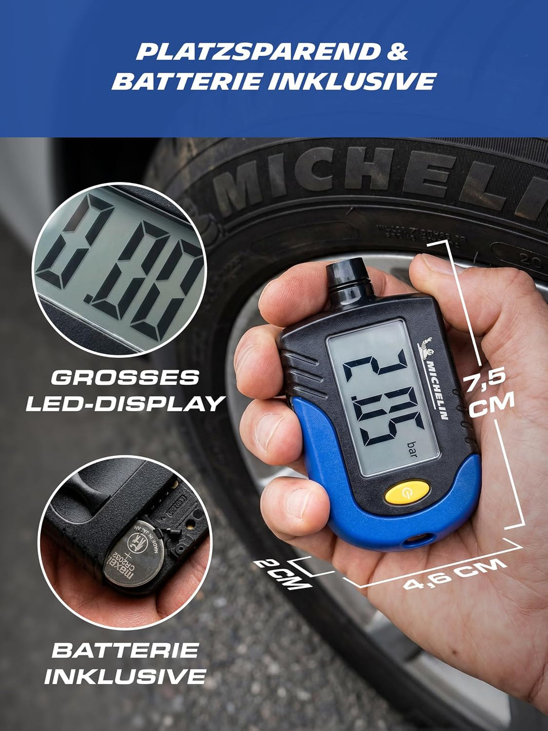 MICHELIN 9526 Reifendruck Prüfer Digitaler Luftdruckprüfer Reifen Manometer mit Profiltiefenmesser R