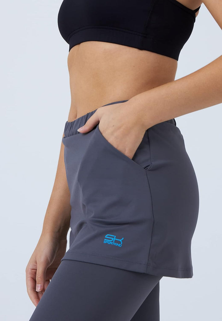 Sportkind Mädchen & Damen 2-in-1 Tennisrock mit Taschen & 3/4 Capri Leggings, Laufrock, Yogahose mit