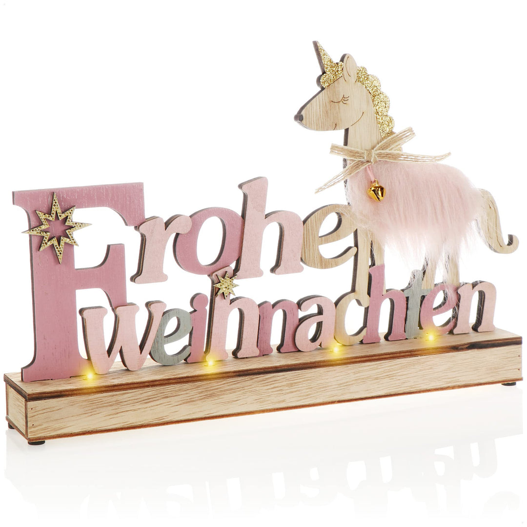 com-four® LED Deko Aufsteller aus Holz - beleuchteter Schriftzug auf Holzsockel - Deko-Schriftzug zu