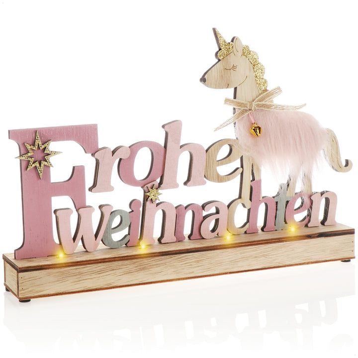 com-four® LED Deko Aufsteller aus Holz - beleuchteter Schriftzug auf Holzsockel - Deko-Schriftzug zu