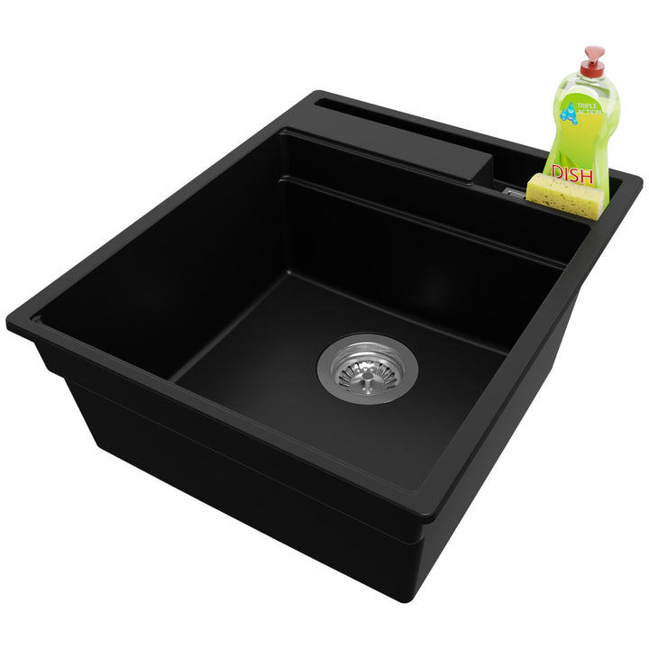 PRIMAGRAN Spülbecken Schwarz 43x53cm, Granitspüle 1 Becken + Ablauf-Set, Küchenspüle ab 45er Untersc