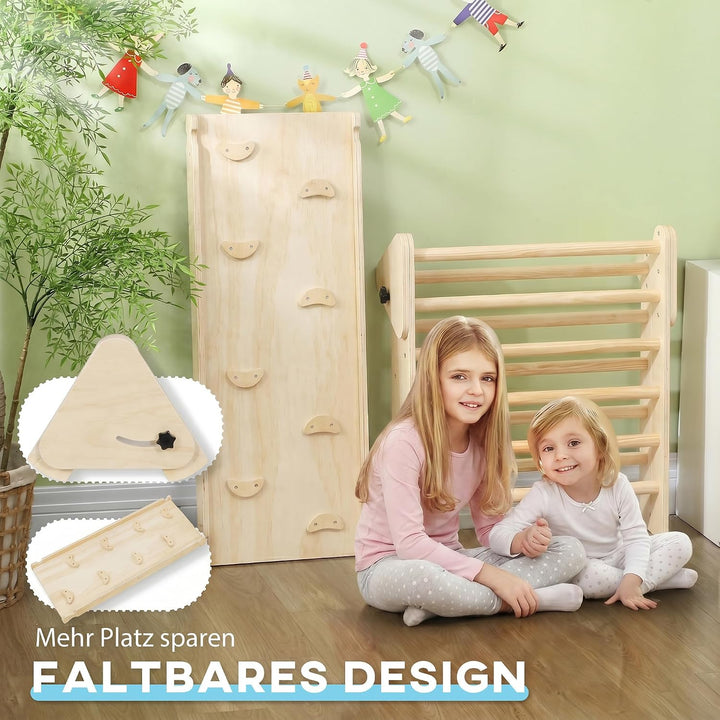 AIYAPLAY 2-in-1 Montessori Klettergerüst aus Naturholz Indoor Kletterdreieck mit Rutsche Indoor Spie