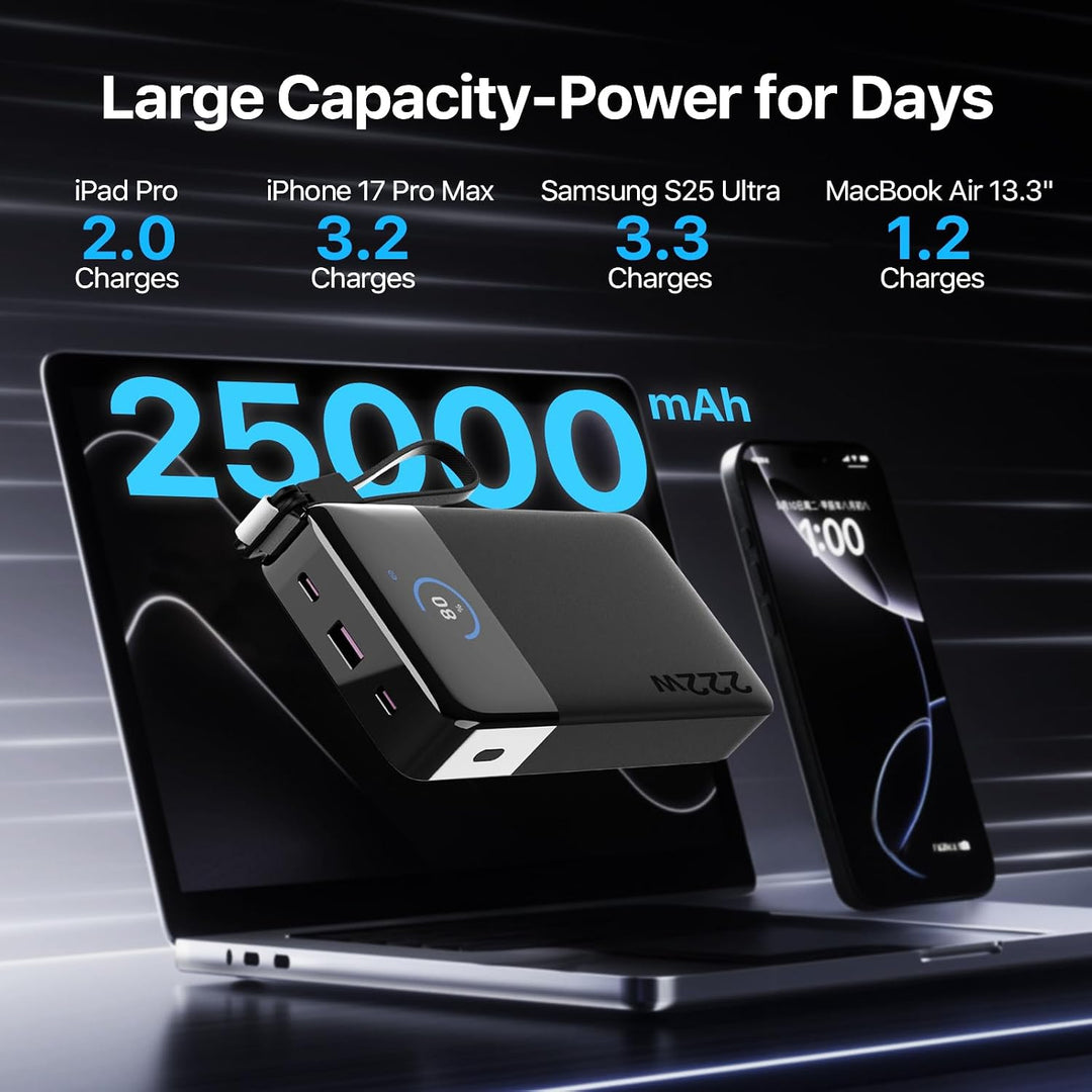 NOBIS 222W 25.000 mAh PD Schnelllade Power Bank mit Lanyard-Kabel | Smart Digitalanzeige, 3 Ausgänge